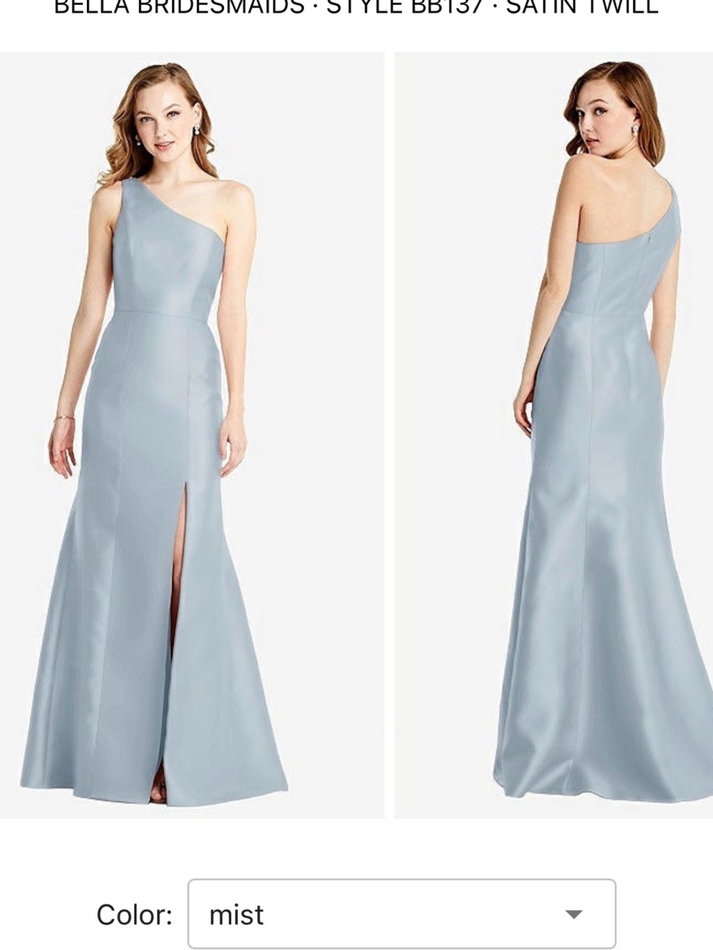 Bella Bridesmaids by Dessy BB137 Mist One Shoulder Satin Twill Bridesmaid Dress